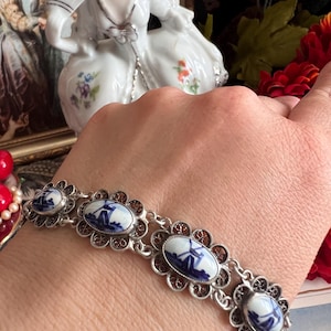 Carreaux de moulin à vent en porcelaine bleu de Delft vintage, bracelet filigrane en argent sterling 835 7 po.