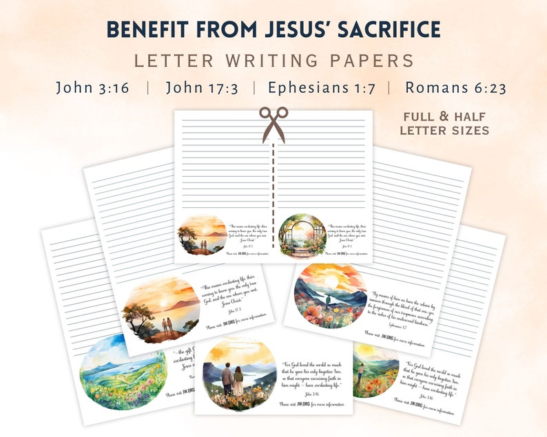 Pu&ograve; includere: Un set di carta da lettere stampabile con illustrazioni ad acquerello e versetti biblici. I fogli sono disponibili in formato lettera e mezza lettera. I versetti inclusi sono Giovanni 3:16, Giovanni 17:3, Efesini 1:7 e Romani 6:23.