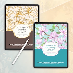 May include: Two tablets displaying digital covers with floral patterns and text. One features gold lilies and the text "Find Exquisite Delight in Jehovah" Psalm 37:4. The other shows pink magnolia flowers and "Happy Is the One Trusting In Jehovah" Proverbs 16:20, with a white stylus.