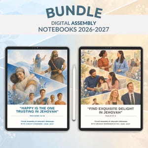 May include: A digital bundle of two assembly notebooks for 2026-2027, displayed on tablets with a stylus. The left cover features biblical illustrations and the text "HAPPY IS THE ONE TRUSTING IN JEHOVAH" and "PROVERBS 16:20". The right cover shows people and "FIND EXQUISITE DELIGHT IN JEHOVAH" and "PSALM 37:4".