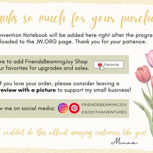 K&ouml;nnte beinhalten: Ein Bild mit dem Text "Vielen Dank f&uuml;r Ihren Einkauf!" und "F&uuml;gen Sie FriendsBeamingJoy Shop zu Ihren Favoriten f&uuml;r Upgrades und Verk&auml;ufe hinzu." Es gibt Aquarelltulpen in Rosa, Gelb und Rot.