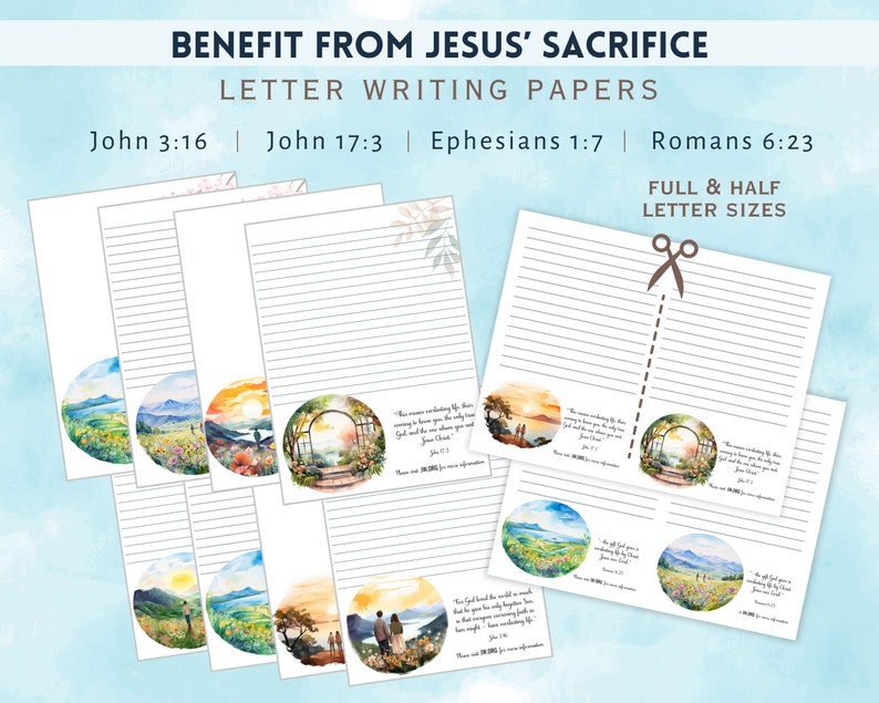 Pu&ograve; includere: Set di carta da lettere con illustrazioni ad acquerello di scene naturali. La carta &egrave; rigata ed &egrave; disponibile in formato lettera intero e mezzo. Il set include versi della Bibbia: Giovanni 3:16, Giovanni 17:3, Efesini 1:7 e Romani 6:23.