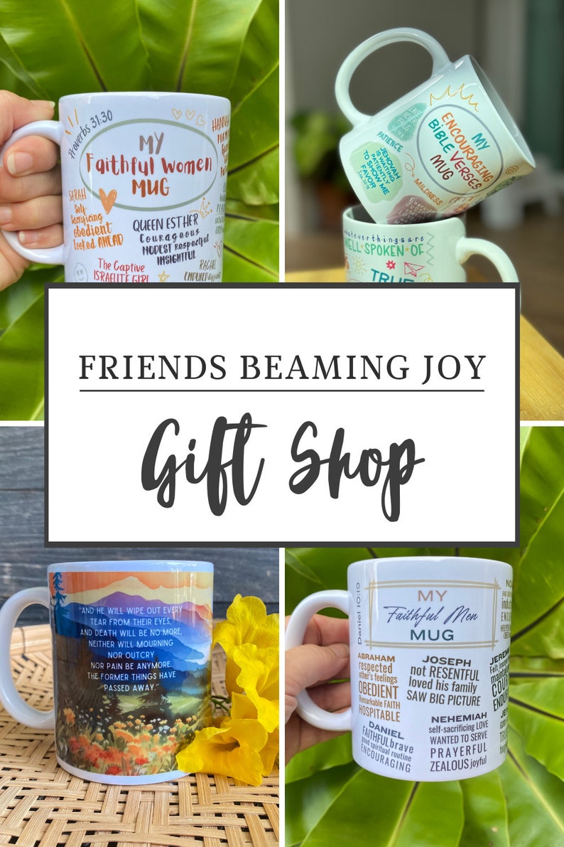 May include: Four white ceramic mugs with inspirational quotes and designs. The mugs feature a variety of colors and patterns, including a mountain scene, a floral design, and a heart. The mugs are all labeled with the words "My Faithful Women Mug" and "My Faithful Men Mug".