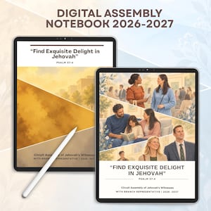 May include: A digital assembly notebook 2026-2027 for Jehovah's Witnesses featuring a white stylus. The cover displays the text "Find Exquisite Delight in Jehovah" Psalm 37:4 and "Circuit Assembly of Jehovah's Witnesses with Branch Representative | 2026-2027" alongside a collage of people.