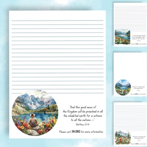 May include: A lined journal with a watercolor illustration of a mountain lake and a person sitting on a rock. The text "And this good news of the Kingdom will be preached in all the inhabited earth for a witness to all the nations-- Matthew 24:14" is printed below the image. The text "Please visit JW.ORG for more information" is printed below the quote.
