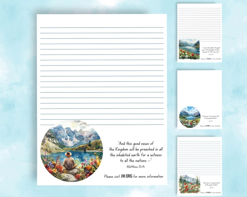 May include: A lined journal with a watercolor illustration of a mountain lake and a person sitting on a rock. The text "And this good news of the Kingdom will be preached in all the inhabited earth for a witness to all the nations-- Matthew 24:14" is printed below the image. The text "Please visit JW.ORG for more information" is printed below the quote.
