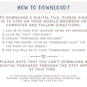 K&ouml;nnte beinhalten: Wei&szlig;er Hintergrund mit blauem Text, der erkl&auml;rt, wie man eine digitale Datei von Etsy herunterl&auml;dt. Der Text enth&auml;lt die &Uuml;berschrift &bdquo;HOW TO DOWNLOAD?&ldquo; und Anweisungen zum Herunterladen der Datei &uuml;ber einen mobilen Browser oder Computer. Es wird auch darauf hingewiesen, dass Downloads nicht &uuml;ber die Etsy-App verf&uuml;gbar sind.