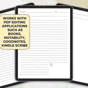 K&ouml;nnte beinhalten: Drei digitale Tablets mit linierten Seiten, ideal zum Notieren. Das mittlere Tablet zeigt den Text "WORKS WITH PDF EDITING APPLICATIONS SUCH AS BOOKS, NOTABILITY, GOODNOTES, KINDLE SCRIBE". Jedes Tablet hat einen schwarzen Rahmen und einen wei&szlig;en Hintergrund.