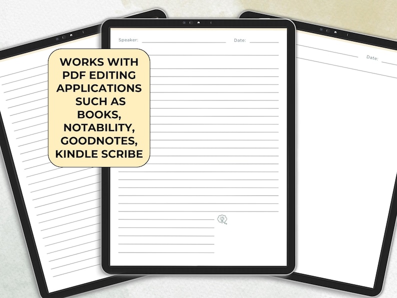 K&ouml;nnte beinhalten: Drei digitale Tablets mit linierten Seiten, ideal zum Notieren. Das mittlere Tablet zeigt den Text "WORKS WITH PDF EDITING APPLICATIONS SUCH AS BOOKS, NOTABILITY, GOODNOTES, KINDLE SCRIBE". Jedes Tablet hat einen schwarzen Rahmen und einen wei&szlig;en Hintergrund.