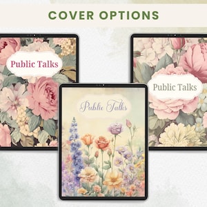 K&ouml;nnte beinhalten: Drei digitale Tablet-H&uuml;llen mit floralen Designs. Zwei zeigen rosa Rosen und den Text "Public Talks" in einem wei&szlig;en Banner. Die dritte zeigt einen Aquarellgarten mit Rosen und Wildblumen, ebenfalls mit "Public Talks".