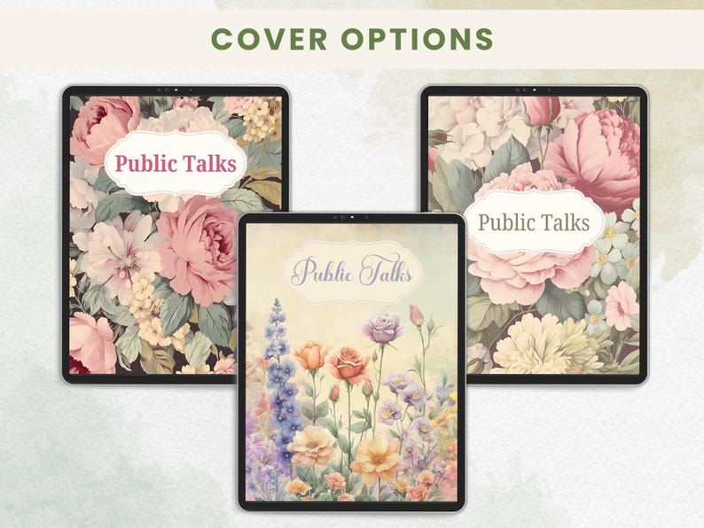 K&ouml;nnte beinhalten: Drei digitale Tablet-H&uuml;llen mit floralen Designs. Zwei zeigen rosa Rosen und den Text "Public Talks" in einem wei&szlig;en Banner. Die dritte zeigt einen Aquarellgarten mit Rosen und Wildblumen, ebenfalls mit "Public Talks".