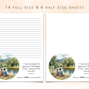 May include: Printable lined paper with a watercolor illustration of a couple sitting by a lake in a forest. The paper includes the quote "--I must also declare the good news of the Kingdom of God -- because for this I was sent." Luke 4:43. Please visit JW.ORG for more information.