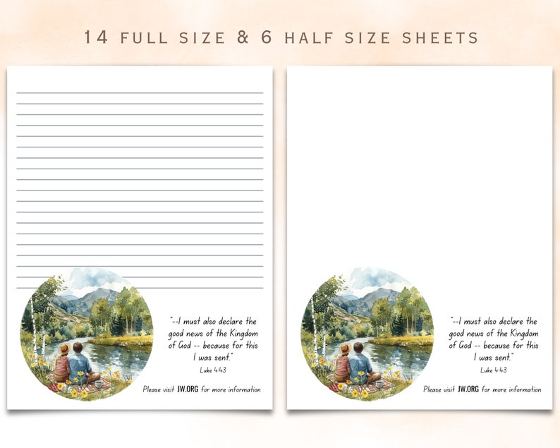 May include: Printable lined paper with a watercolor illustration of a couple sitting by a lake in a forest. The paper includes the quote "--I must also declare the good news of the Kingdom of God -- because for this I was sent." Luke 4:43. Please visit JW.ORG for more information.