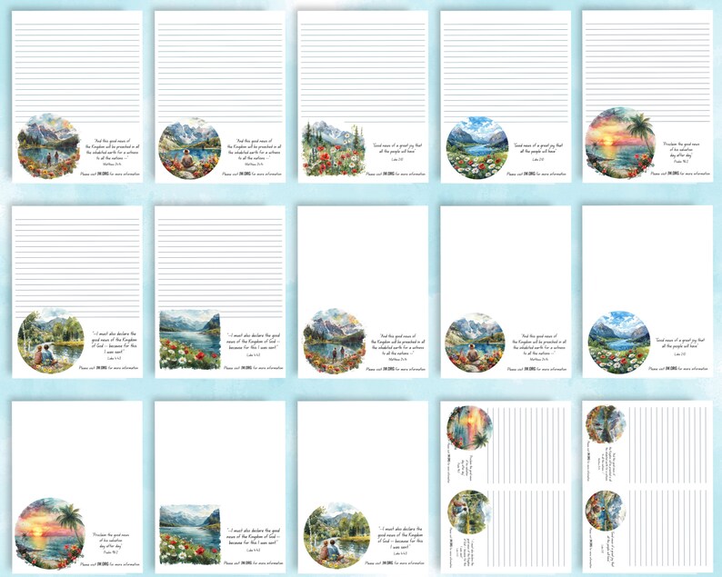 May include: A set of 12 printable journal pages featuring watercolor illustrations of nature scenes with inspirational Bible verses. Each page includes a lined area for writing and a circular image with a verse from the Bible.