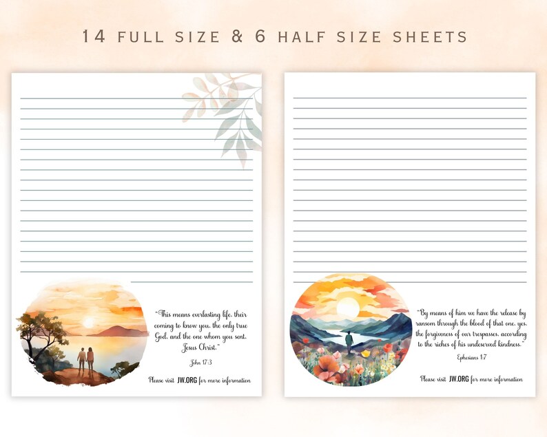 Pu&ograve; includere: Due fogli di carta rigata stampabili con illustrazioni ad acquerello di un paesaggio al tramonto. Il foglio a sinistra presenta una coppia in piedi su una scogliera che si affaccia sull'oceano. Il foglio a destra presenta una figura solitaria in piedi su una collina che si affaccia su un lago. Entrambi i fogli includono un versetto biblico e un indirizzo di sito web.