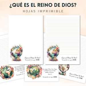 May include: Printable lined paper with a watercolor globe illustration and the text "¿QUÉ ES EL REINO DE DIOS?" and "HOJAS IMPRIMIBLE". The globe is surrounded by flowers and has the text "¿Qué es el Reino De Dios?" and "Para aprender más vaya a: JW.ORG" repeated on the pages.
