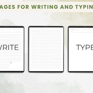 K&ouml;nnte beinhalten: Drei digitale Tablets mit schwarzen Rahmen und wei&szlig;en Bildschirmen. Die Tablets zeigen linierte Seiten mit den W&ouml;rtern "WRITE" und "TYPE" in gro&szlig;em, schwarzem Text. Oben im Bild steht "PAGES FOR WRITING AND TYPING" in gr&uuml;nem Text.