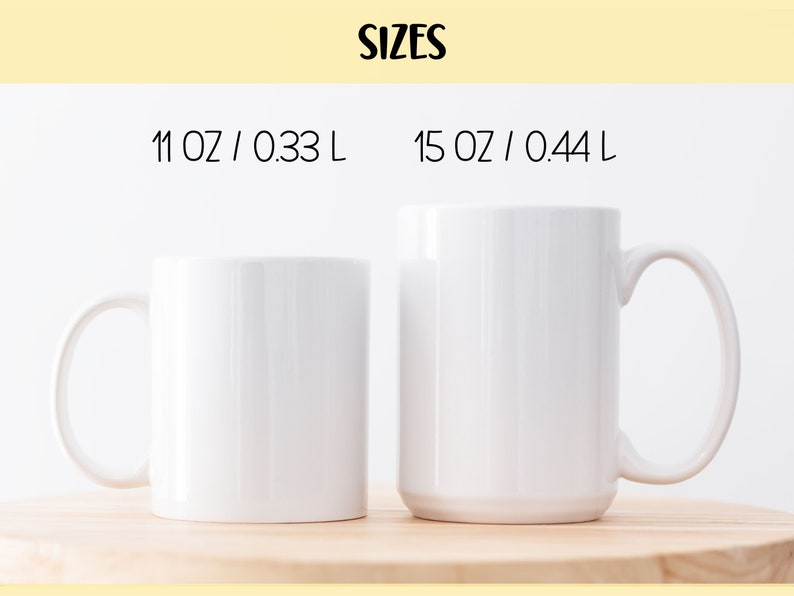 May include: Two white ceramic mugs with handles, one is 11 oz and the other is 15 oz.