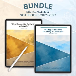May include: Two digital tablets displaying assembly notebooks titled BUNDLE DIGITAL ASSEMBLY NOTEBOOKS 2026-2027. The left screen shows Find Exquisite Delight in Jehovah Psalm 37:4 with a gold landscape. The right screen shows Happy Is the One Trusting In Jehovah Proverbs 16:20 with a blue mountain landscape. A white stylus rests on the left tablet.