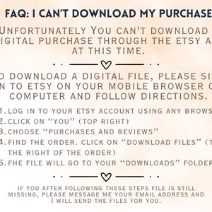 Pu&ograve; includere: FAQ: Non riesco a scaricare il mio acquisto. Un'immagine di testo con istruzioni su come scaricare un acquisto digitale da Etsy. L'immagine include un simbolo di cuore e il testo "FAQ: Non riesco a scaricare il mio acquisto".