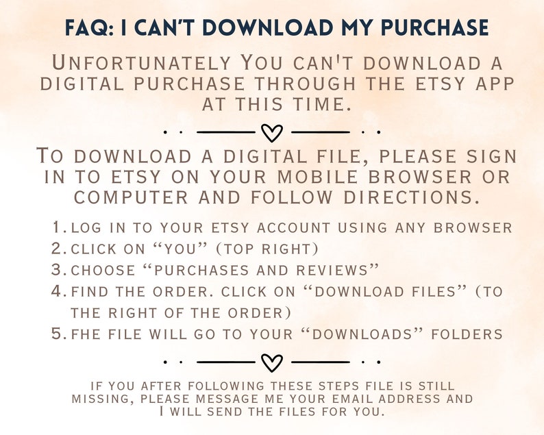 Pu&ograve; includere: FAQ: Non riesco a scaricare il mio acquisto. Un'immagine di testo con istruzioni su come scaricare un acquisto digitale da Etsy. L'immagine include un simbolo di cuore e il testo "FAQ: Non riesco a scaricare il mio acquisto".