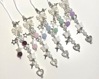 Cute bow phone charm | Heart keyring pendant | Beaded jewelry | Keychain jewellery pearl accessories | Gift idea | Beads charms | Handmade