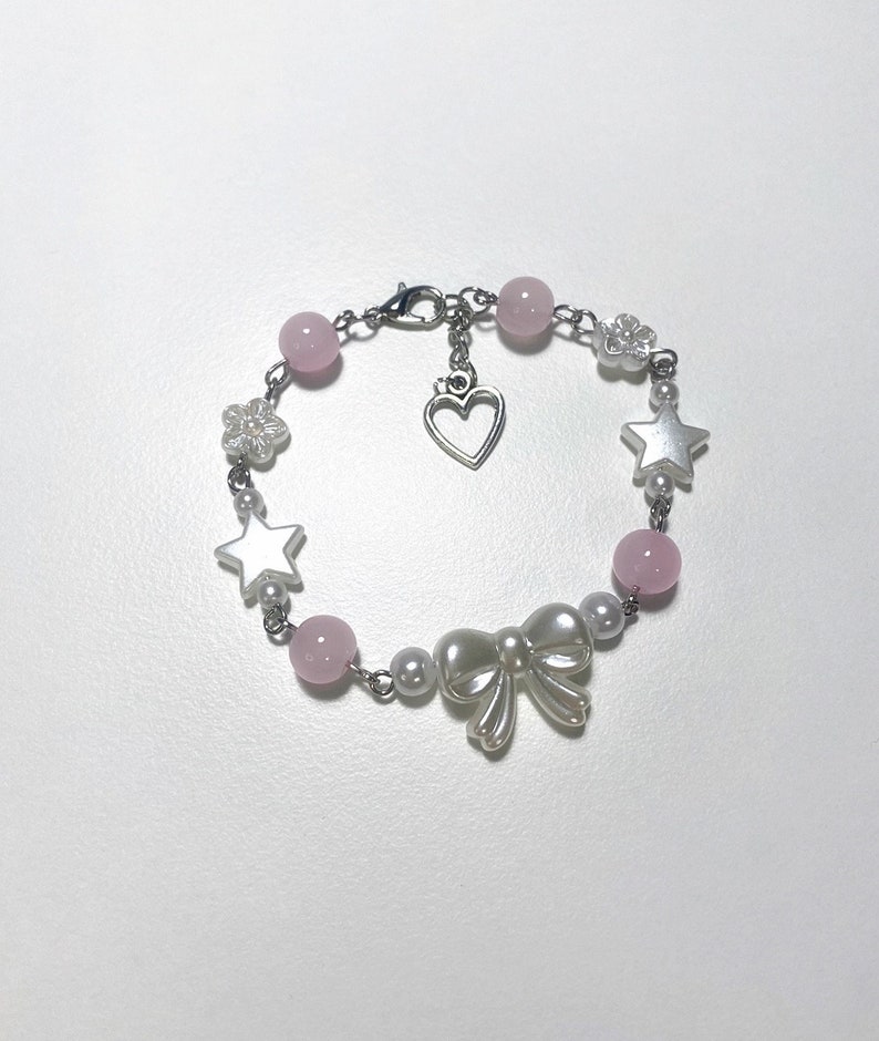 Coquette bracelet Friendship jewelry Beaded bow pearl accessories Minimalist jewellery Star charm beads Gift idea Handmade Pink