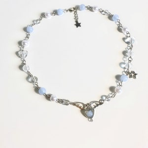 Cute heart necklace Wing pendant beads Glass beaded jewelry Fairycore jewellery charm bead Pearl accessories Gift idea Handmade zdjęcie 3