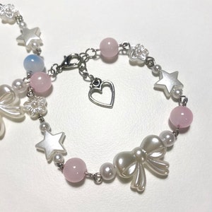 Coquette bracelet Friendship jewelry Beaded bow pearl accessories Minimalist jewellery Star charm beads Gift idea Handmade zdjęcie 4