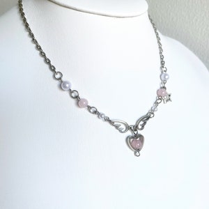 Cute star heart necklace Wings pendant beads Beaded jewelry Fairycore jewellery charm bead Pearl accessories Gift idea Handmade zdjęcie 2