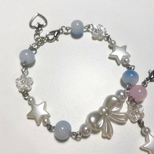 Coquette bracelet Friendship jewelry Beaded bow pearl accessories Minimalist jewellery Star charm beads Gift idea Handmade zdjęcie 3