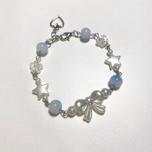 Coquette bracelet Friendship jewelry Beaded bow pearl accessories Minimalist jewellery Star charm beads Gift idea Handmade Blue