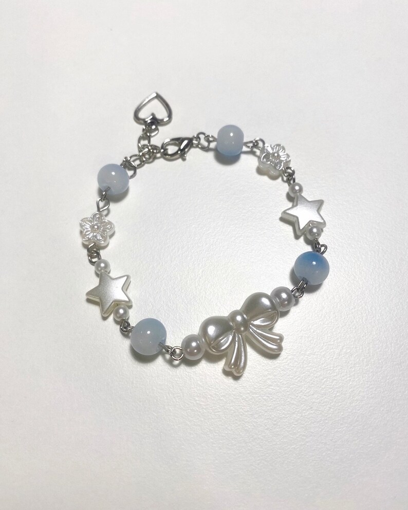 Coquette bracelet Friendship jewelry Beaded bow pearl accessories Minimalist jewellery Star charm beads Gift idea Handmade Blue