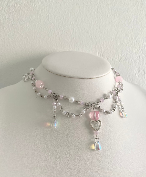 Charm Necklace with Pink Crystal, Cultured Pearls, Cherry Glass and Heart Drops Charm Necklace with Pink Crystal, Cultured Pearls, Cherry Glass and Heart Drops