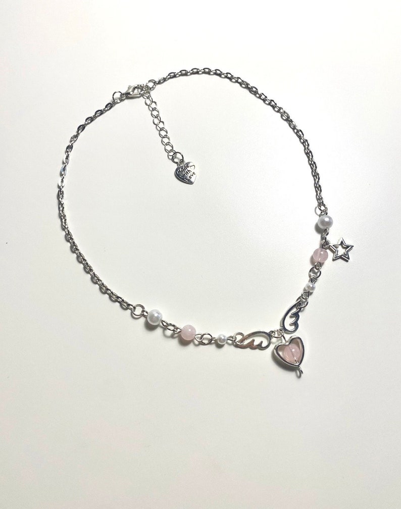 Cute star heart necklace Wings pendant beads Beaded jewelry Fairycore jewellery charm bead Pearl accessories Gift idea Handmade zdjęcie 3
