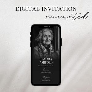Invitación digital a funeral, invitación editable para smartphone, conmemoración, celebración de la vida, blanco y negro, mensaje de texto de Evite