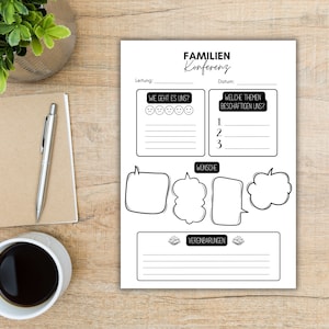 May include: A black and white printable family conference worksheet with sections for "How are we doing?", "What topics are we discussing?", "Wishes", and "Agreements".
