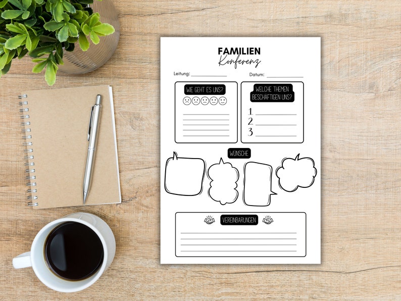 May include: A black and white printable family conference worksheet with sections for "How are we doing?", "What topics are we discussing?", "Wishes", and "Agreements".