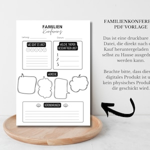 May include: A black and white printable PDF template for a family conference. The template includes sections for "How are we doing?", "What topics are important to us?", "Wishes", and "Agreements".