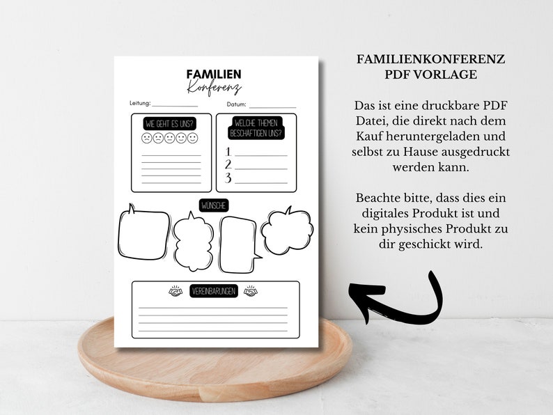 May include: A black and white printable PDF template for a family conference. The template includes sections for "How are we doing?", "What topics are important to us?", "Wishes", and "Agreements".
