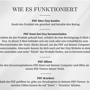 May include: A step-by-step guide on how to purchase and download a digital PDF file from Etsy. The guide includes instructions on how to buy the product, download the file, open it, and print it.