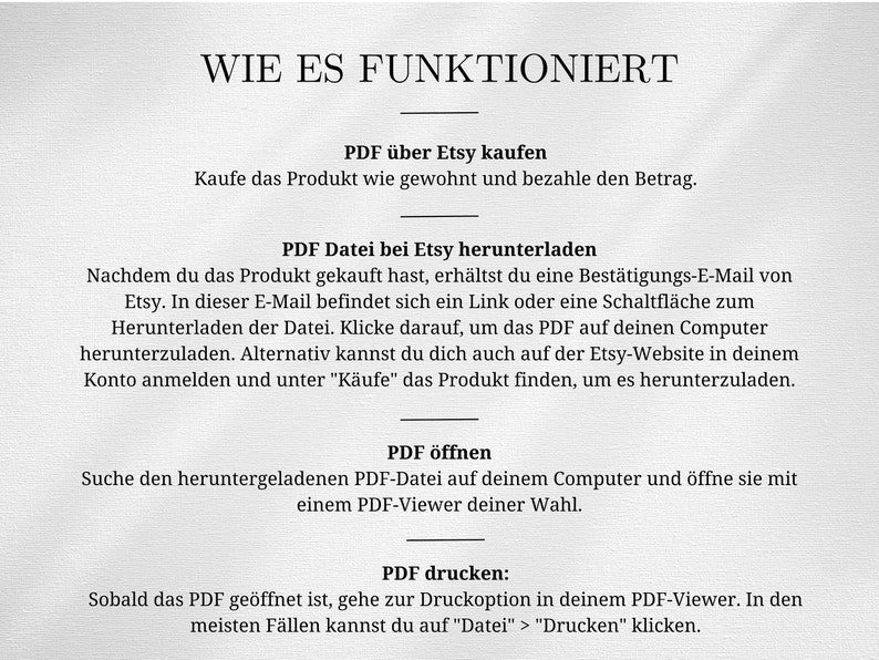 May include: A step-by-step guide on how to purchase and download a digital PDF file from Etsy. The guide includes instructions on how to buy the product, download the file, open it, and print it.