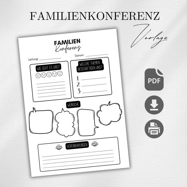 Familienkonferenz Familienrat Vorlage | PDF Datei zum Ausdrucken | Familienkonferenz Planer als PDF | Effektive Kommunikation in der Familie