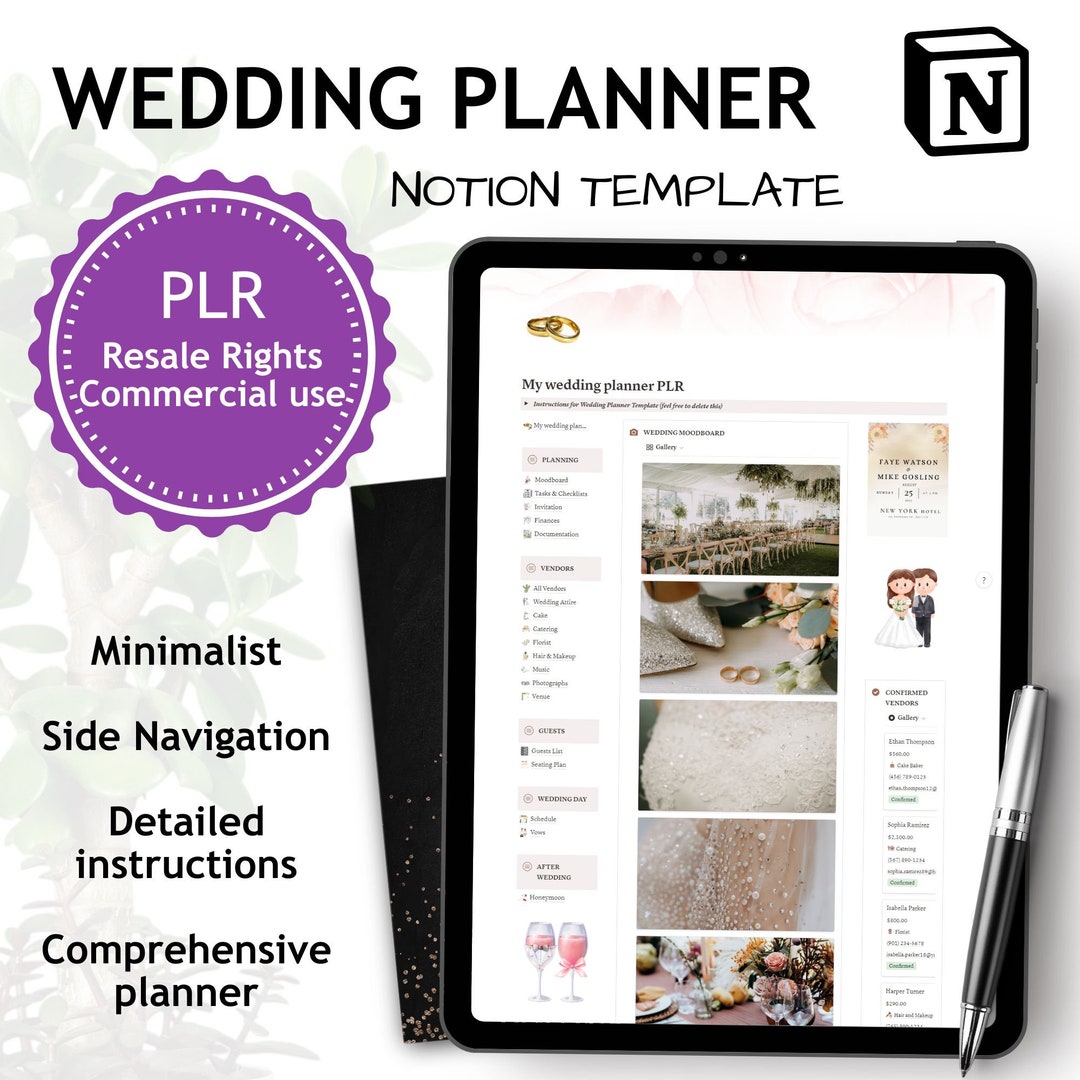PLR Wedding Planner Notion Template Wedding Planning Wedding Etsy