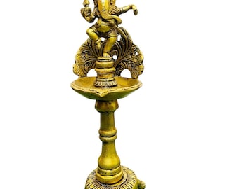 Brass Ganesha Lamp Statue: Hindu Temple Home Decor (27cm)