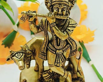 Cow Krishna Brass Statue: Bala Gopal Murti, Hindu Home Decor