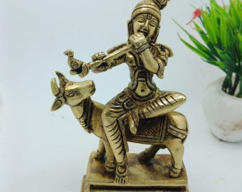 Cow Krishna Brass Statue: Bala Gopal Murti, Hindu Home Decor (7 Inch)