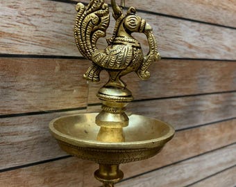 Peacock Brass hanging Diya set, Stunning handmade pair of hanging lamps, Traditional Indian Décor, 5 Wick Diya&#39;s