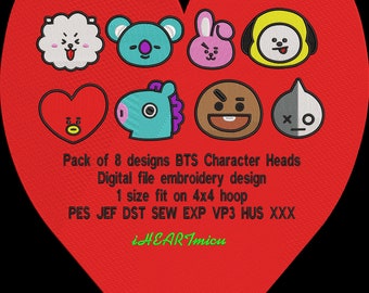 BTS Character Heads Embroidery Design: 8 Designs, 4x4 (Digital Download)