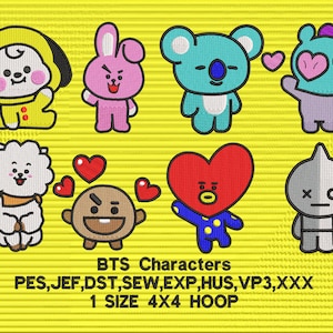 May include: A set of eight embroidered patches featuring characters from the popular South Korean boy band BTS. The patches are colorful and feature various characters, including a yellow chick, a pink bunny, a blue koala, a purple monster, a white dog, a brown bear, a red heart, and a white alien. The patches are designed for use on clothing, bags, or other items. The text on the image reads "BTS Characters PES, JEF, DST, SEW, EXP, HUS, VP3, XXX 1 SIZE 4X4 HOOP".